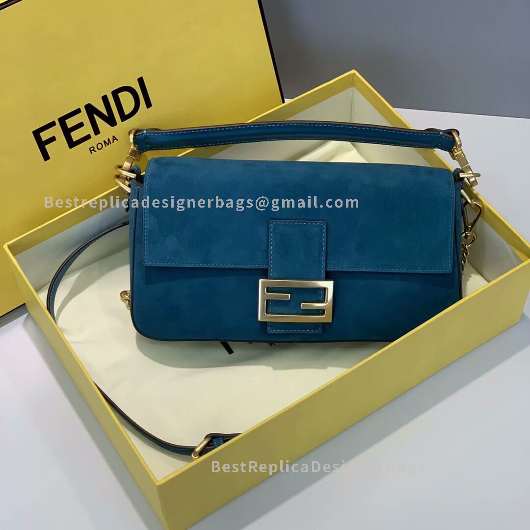 Fendi Baguette Medium Blue Velvet Bag GHW 308M